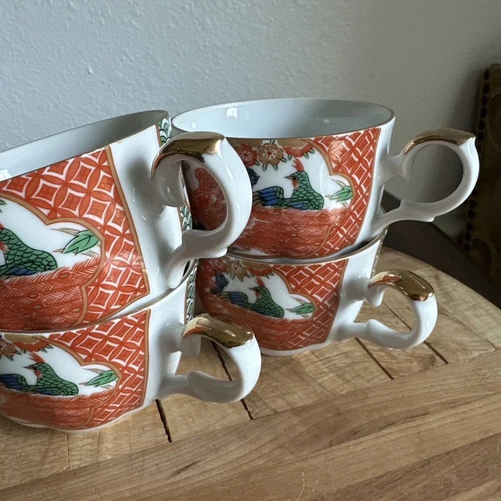 Imari Arita Peacock Coffee Or Tea Cups Made In Japan Set Of 4 Signed Ornate